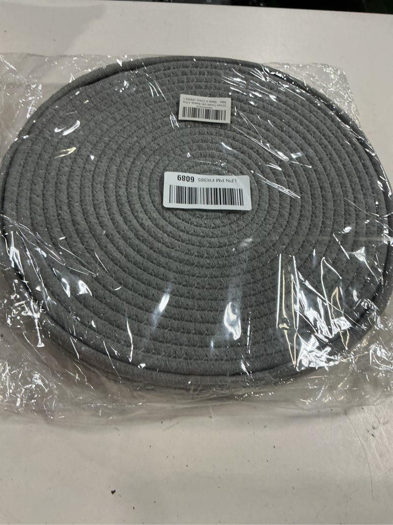 Condition photo showing New/Like New for 13 inch trivets for hot dishes, large trivets for hot pots and pans with storage basket, thicken heat resistant round place mats, boho placemats for kitchen dining table, 4 pcs 13" mix color with basket