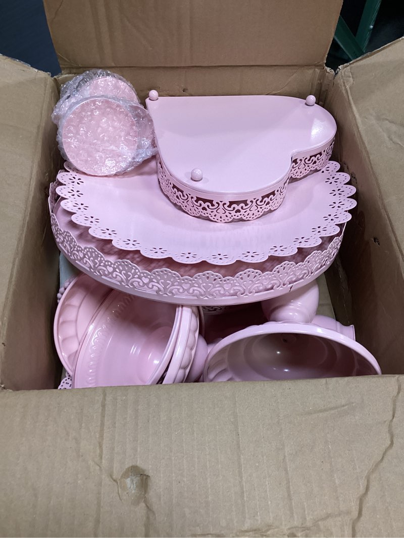 Condition photo showing Good Condition for set of 9 cake stands metal cupcake stand set multiple styles candy fruit display tower dessert plate cake serving tray for birthday party wedding anniversary baby shower engagement (pink)