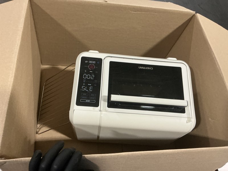 Condition photo showing As Is for chefman air fryer toaster oven combo, countertop oven for quick & healthy meals, bake, broil, air fry, toast, and bagel functions, 450°f max temp, 4 slice toaster oven air fryer combo – ivory