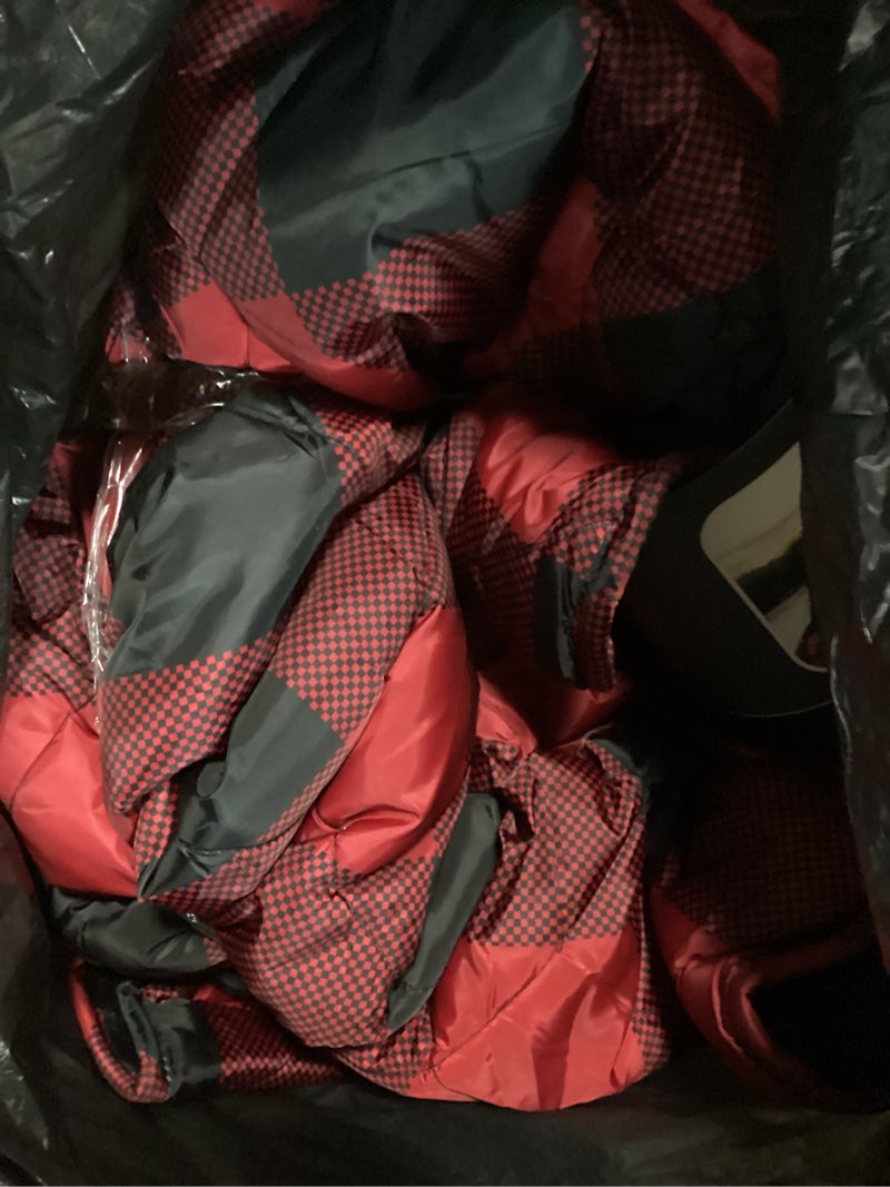 Condition photo showing As Is for coleman outdoor and indoor red and black blanket for all age, cozy, warm, water repellent, eazy care