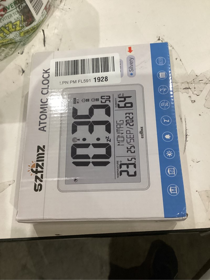 Condition photo showing New/Like New for Digital Wall Clock Battery Operated with Backlight, Atomic Alarm Clocks with Indoor Temperature & Humidity for Bedrooms, Office, 8.5" Small Desk Clock with Large Display for Seniors, Auto DST, Sliver