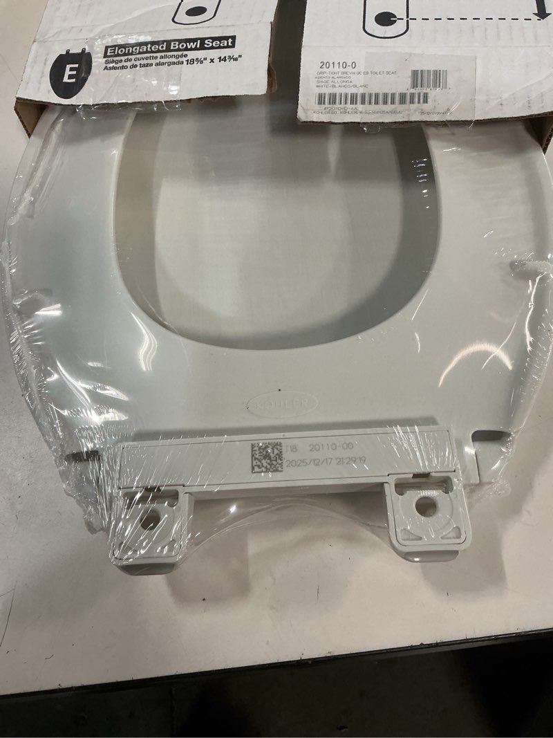 Condition photo showing New/Like New for kohler k-20110-0 brevia elongated toilet seat with grip-tight bumpers, quiet-close seat, quick-attach hardware, white