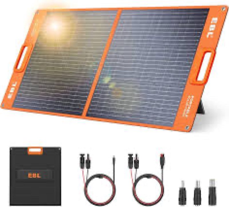 ebl solar panel 100w portable solar panel (upgraded) for 240/300/500/1000/1500/2000 power station, with adjustable kickstand and parallel cable, waterproof ip65 for outdoor camping hiking rv trip 100w for power station