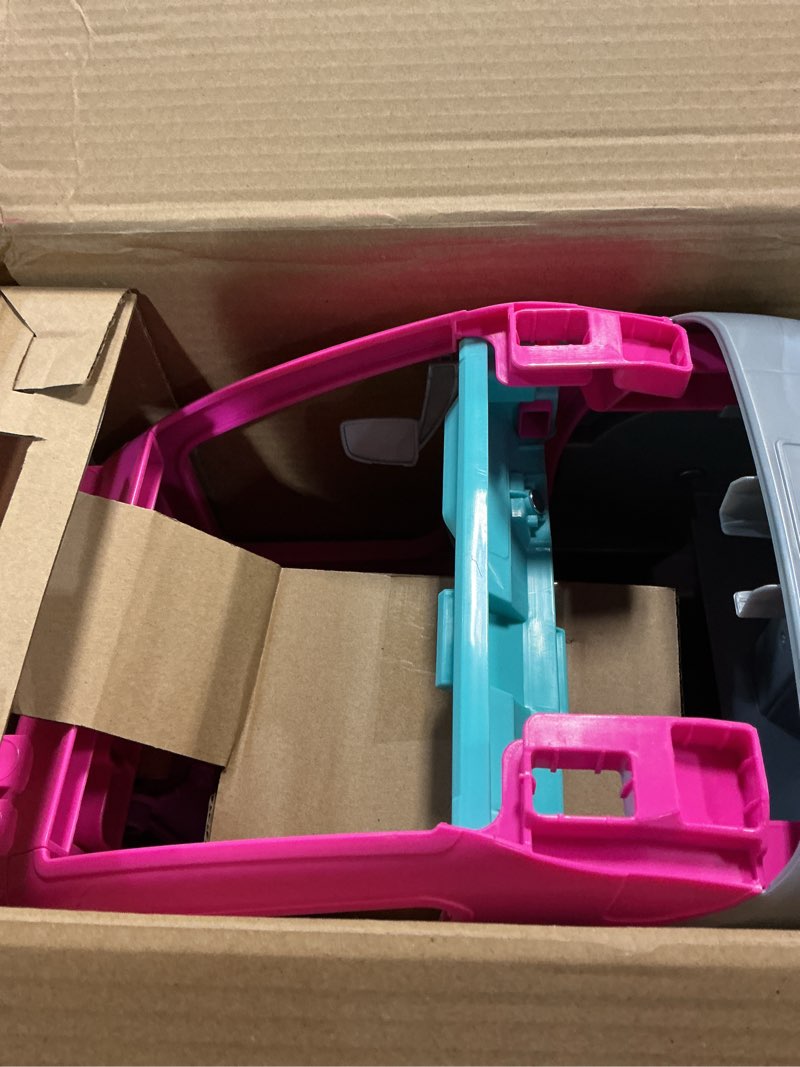Condition photo showing New/Like New for barbie camper, doll playset with 60 accessories, 30-inch-slide and 7 play areas, dream camper