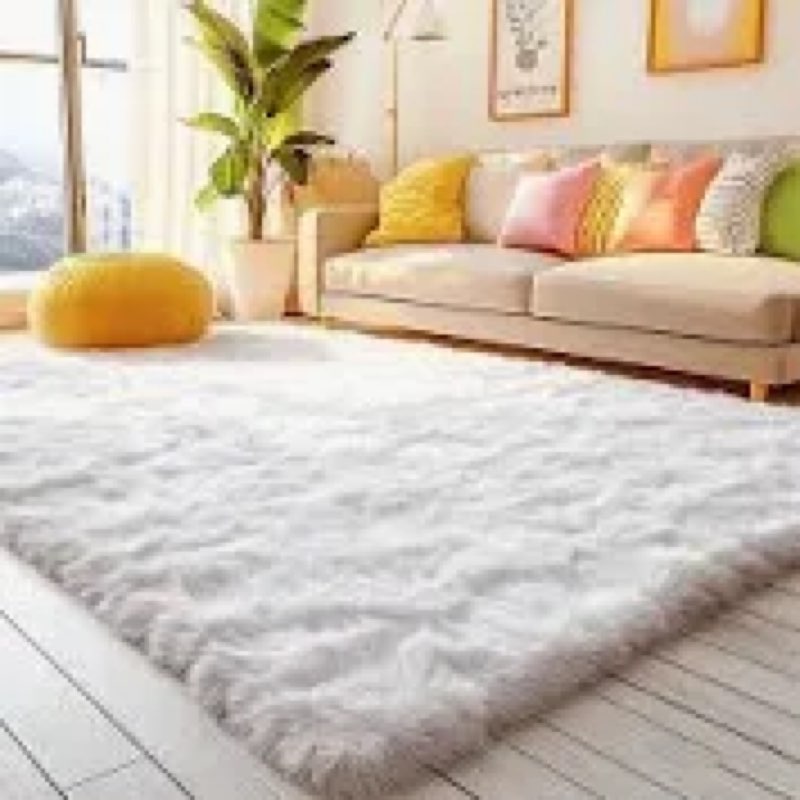 Cream White Plush Rug for Living Room Fuzzy Carpet for Bedroom Dorm, Non-Slip High Pile Rug, Shag Ru