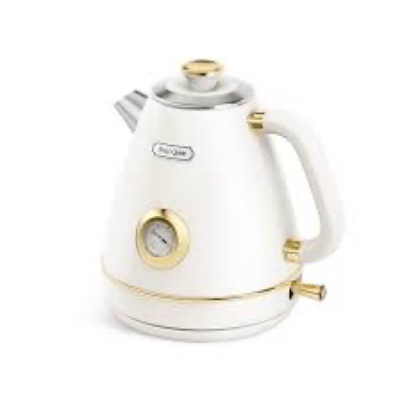 Hazel Quinn Retro Electric Kettle - 1.7 Liters / 57.5 Ounces Tea Kettle with Thermometer, All Stainless Steel, 1200 Watts Fast Boiling, BPA-free, Cordless, Automatic Shut Off - Pearl White