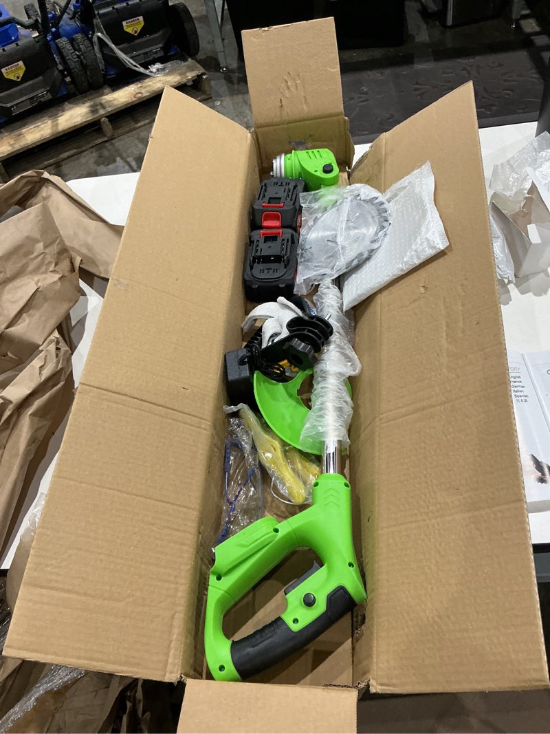 Condition photo showing Good Condition for incomplete  bring your two batteries electric cordless weed wacker, 24v weed eater with 2 batteries and 3 types blades, lightweight and powerful string trimmer for yard and garden