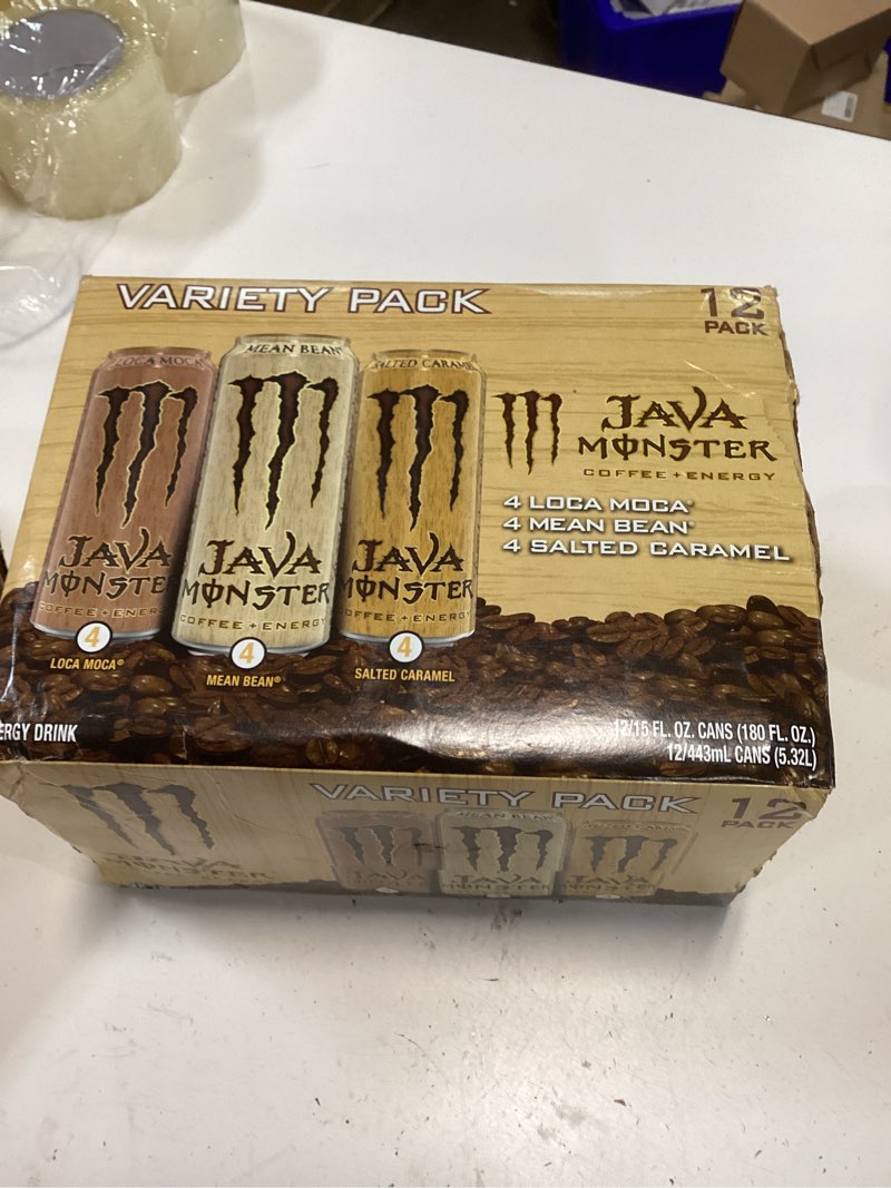 Condition photo showing New/Like New for Monster Energy Java Monster Variety Pack, Java Monster Mean Bean, Java Monster Loca Moca, Java Monster Salted Caramel, Coffee + Energy Drink, 15 Ounce (Pack of 12)