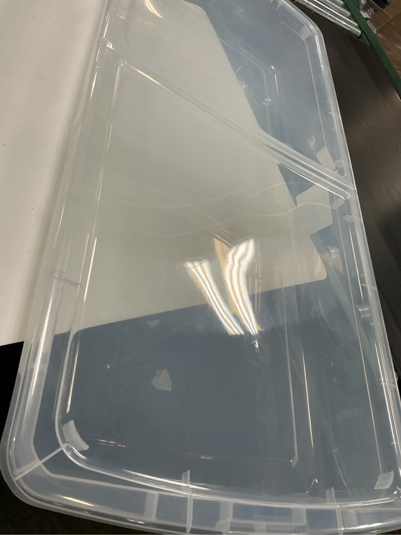 Condition photo showing As Is for project source x-large 17.5 -gallons ( 70 -quarts ) clear stackable underbed tote with standard snap lid