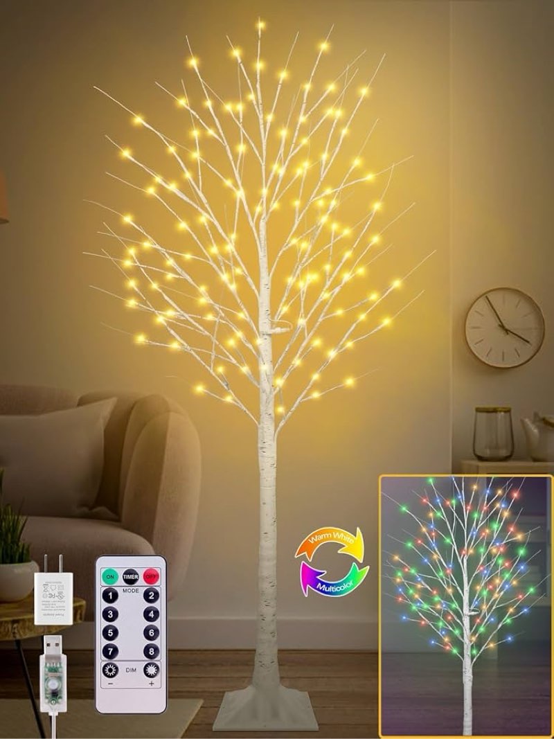 6FT Lighted Birch Tree, Birch Tree with 130 LED Lights, 8 Flash Modes and Timer, Light Up Twig Chris
