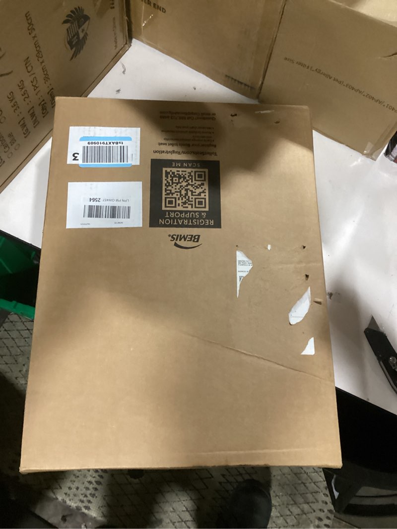 Condition photo showing New/Like New for mayfair padded toilet seat, cushioned soft vinyl over wood core seat, secure hinges, easy clean, made in usa, elongated, white elongated white toilet seat