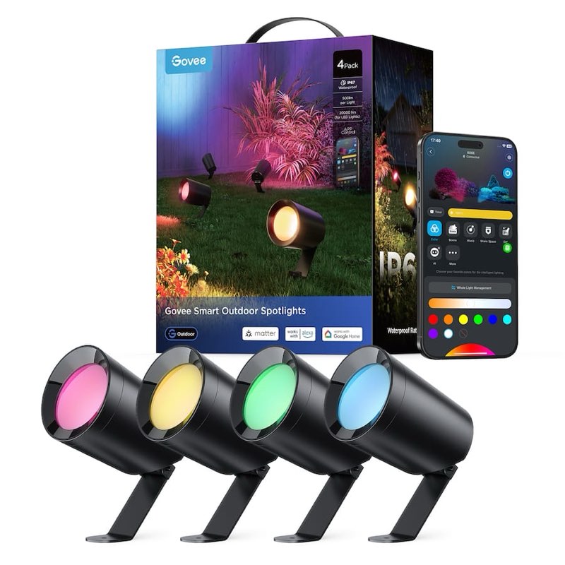 govee - 4-pack smart outdoor spotlight, rgbwic 16m colors, ip67 waterproof, works with alexa/google/matter