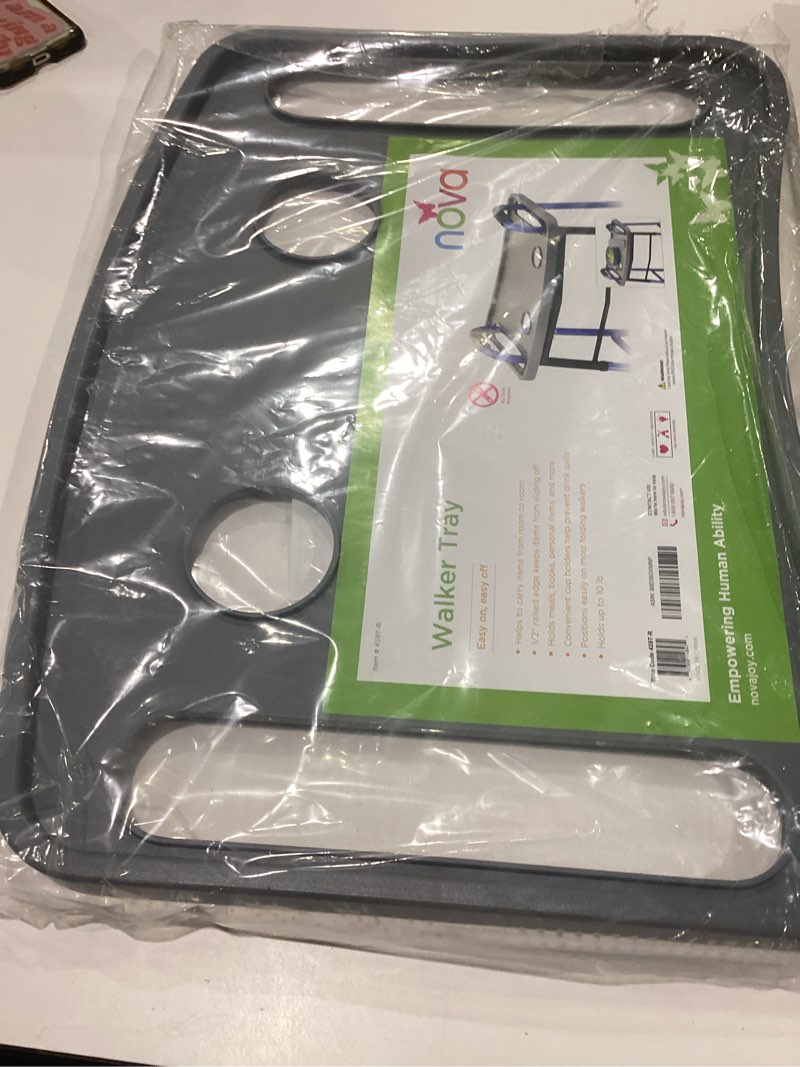 Condition photo showing New/Like New for nova walker tray, food tray with 2 cup holders for folding walker, fits on most folding walkers