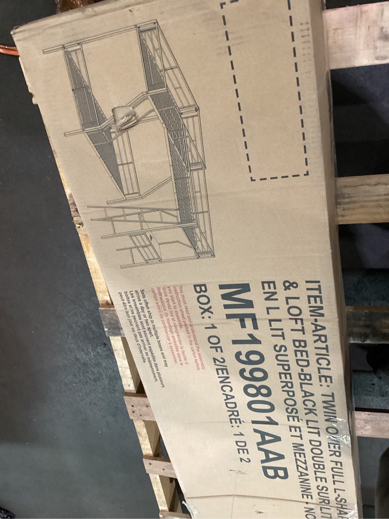 Condition photo showing As Is for incomplete missing box 2 of 2*merax l-shaped twin over triple bunk bed with desk ladder and full length guardrails, metal, black