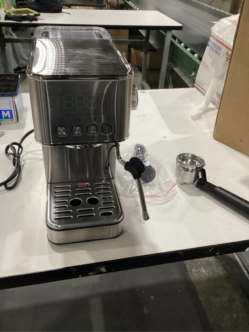Condition photo showing As Is for NOT TESTED Espresso Machine, 20Bar Compact Stainless Espresso Maker, With Milk Frother Steam Wand, 57.5OZ Removable Water Tank, Displays Making Time & Water Temperature, Cold Brew & Cappuccino, Silver