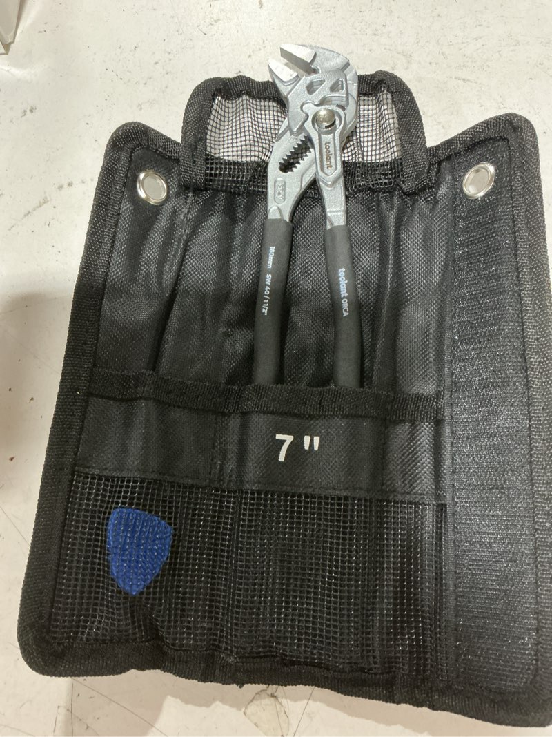 Condition photo showing New/Like New for toolant 7-inch chrome plated pliers wrench, cr-v adjustable wrench with anti-rust coating, smooth parallel jaws, rubber anti-slip grip and storage pouch for home repair, plumbing, nuts, water pipes