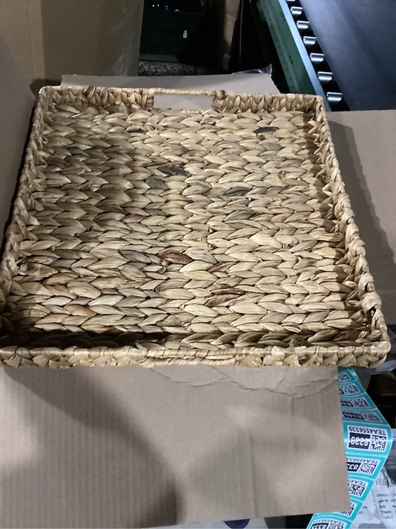 Condition photo showing Good Condition for Extra Large Square Ottoman Table Tray 19.7" with Handles - Handmade Wicker Serving Hand Woven Tray for Farmhouse Decorative Oversized Coffee Table Trays Living Room Kitchen Counter Breakfast 20" x 20" x 2" Square-water Hyacinth-flat