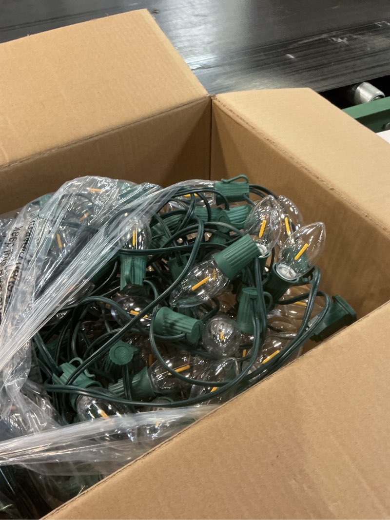 Condition photo showing Good Condition for Vintage C9 Christmas Lights Outdoor, 150 Feet C9 String Lights with 150 LED C9 Plastic Bulbs, Waterproof Connectable Christmas Tree Lights for Roofline Garden Patio Backyard Cafe Decor, Warm White Clear Warm White 150FT
