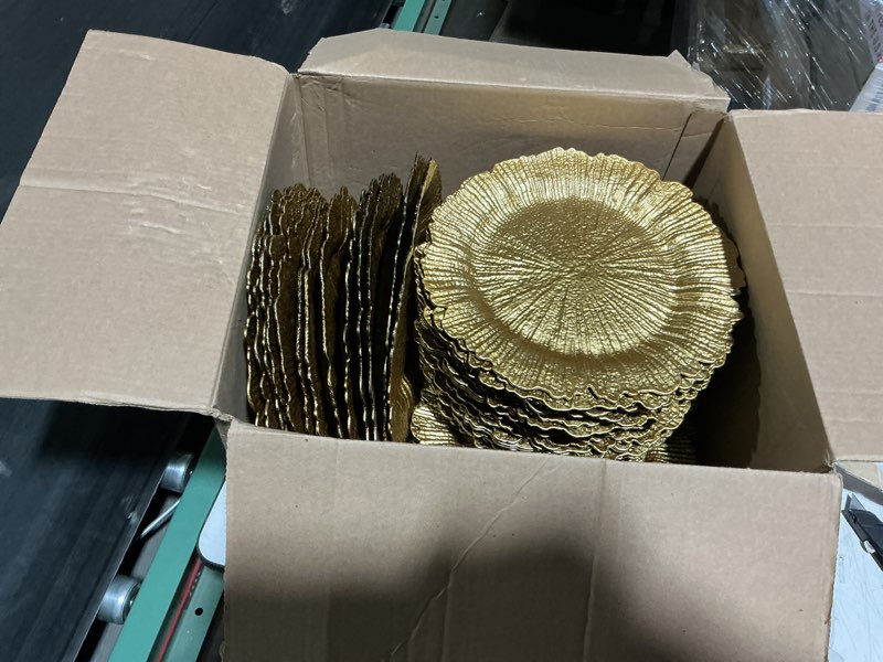 Condition photo showing As Is for maoname 13" gold charger plates set of 50, reef plate charger bulk, round chargers for dinner plates, plastic table chargers for wedding decor 50 gold