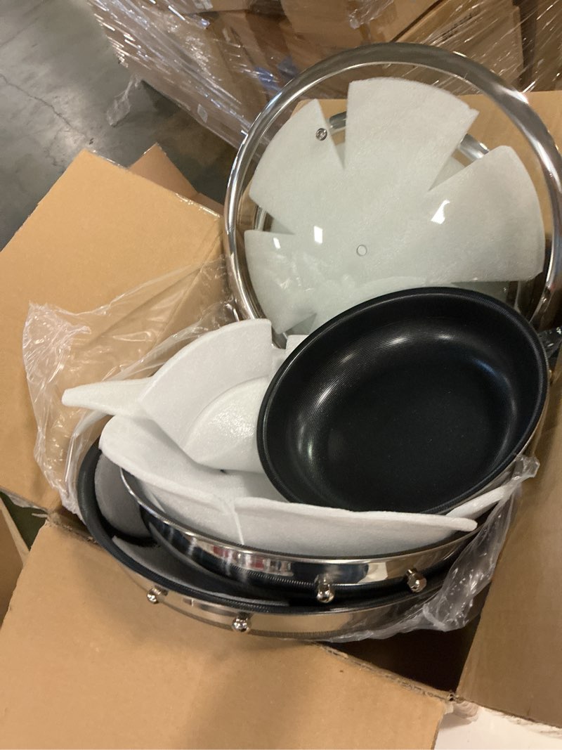 Condition photo showing Good Condition for Nonstick Frying Pan Set – 8" 10" 12" Titanium Ceramic Skillet with Lid, Stay-Cool Handle,PFAS, PTFE, PFOA-Free, Non-Toxic, Dishwasher & Oven Safe, Compatible with All Cooktops 8-10-12 Inch Glistening Black