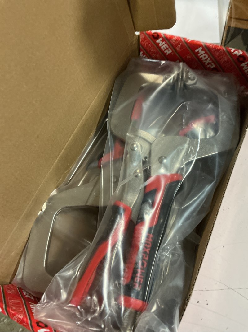 Condition photo showing New/Like New for maxpower 11-inch locking c clamp set, 2 pack metal face clamp with large flat swivel pads, adjustable heavy duty c clamps locking pliers for woodworking, carpentry, cabinetry, welding and repair 11"