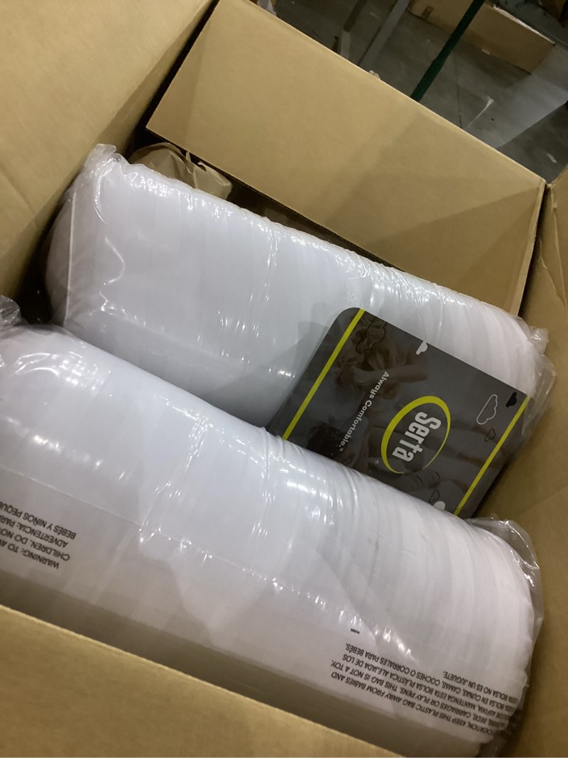 Condition photo showing New/Like New for Serta Won't Go Flat Standard/Queen Size Set of 2 Down Alternative Bed Pillows, Extra Life Foam Core with Medium Support, Perfect for Back, Stomach or Side Sleepers, White Original Queen