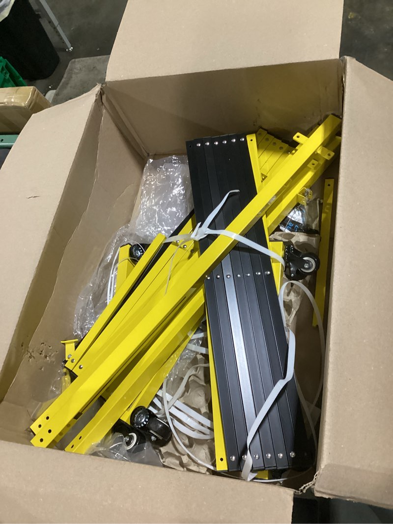 Condition photo showing As Is for gymtime industrial expandable metal barricade, 16 feet, easily assembled safety barrier with casters, flexible mobile retractable gate, adjustable traffic fence 41 in-16 feet(h-l) 16 feet yellow