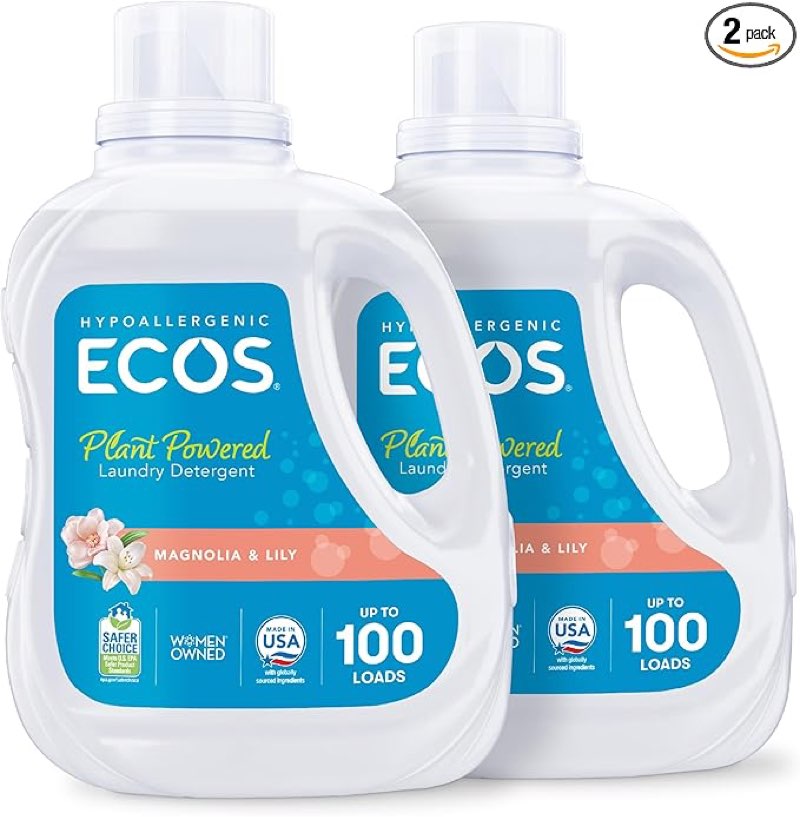 (used by : 03/11/2027) ecos laundry detergent liquid, 100 loads - dermatologist tested laundry soap - hypoallergenic, epa safer choice certified, plant-powered - magnolia lily, 50 fl oz (pack of 2)