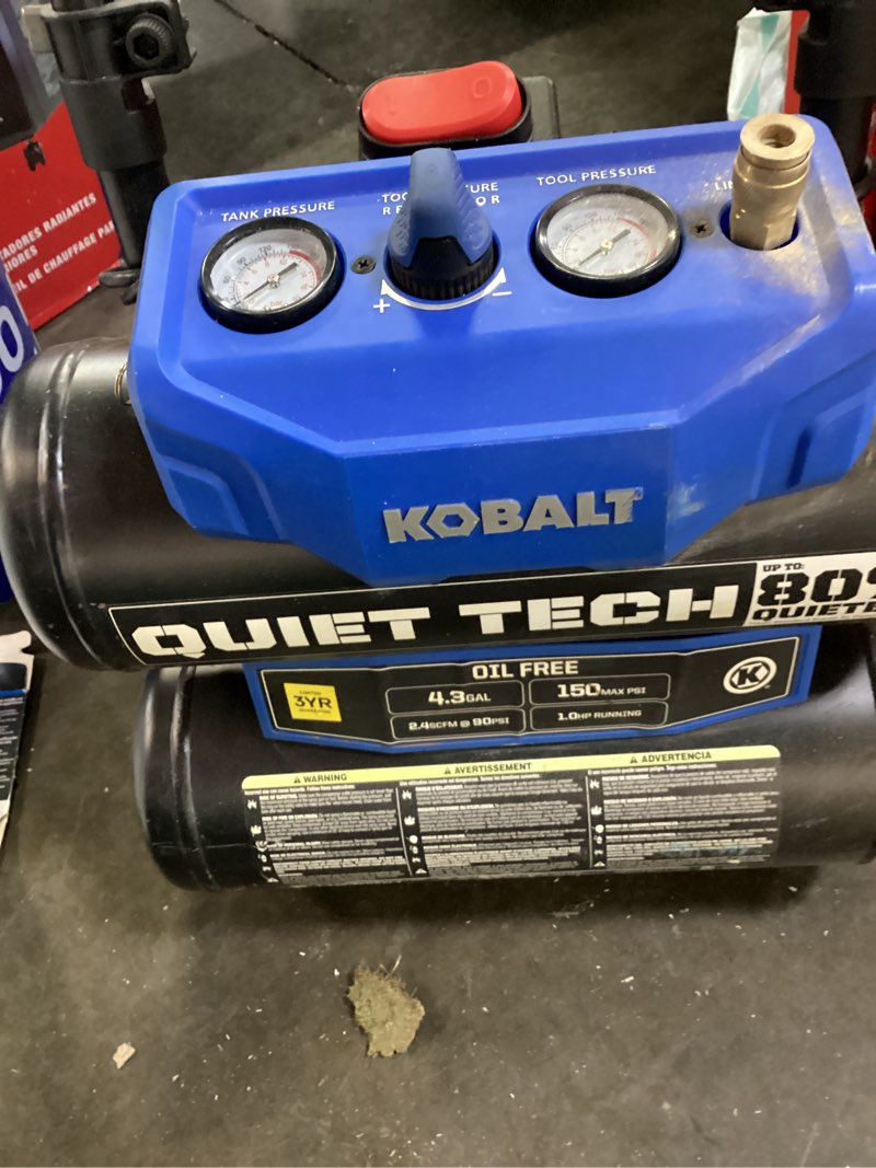 Condition photo showing As Is for kobalt quiet tech 2-gallon portable electric 125 psi hot dog air compressor
