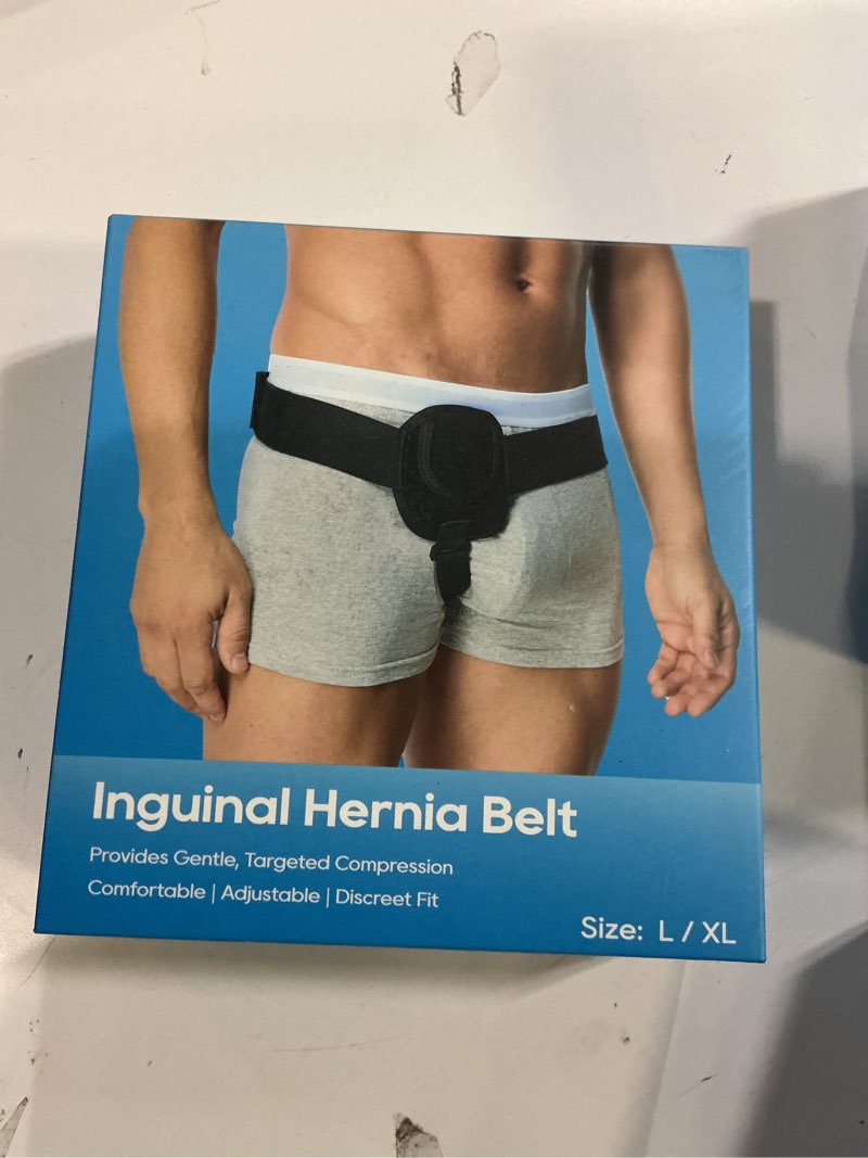 Condition photo showing New/Like New for hernia belts for men inguinal, hernia support for women and men, hernia truss for left or right side, groin belt, adjustable waist strap with removable compression pads large black