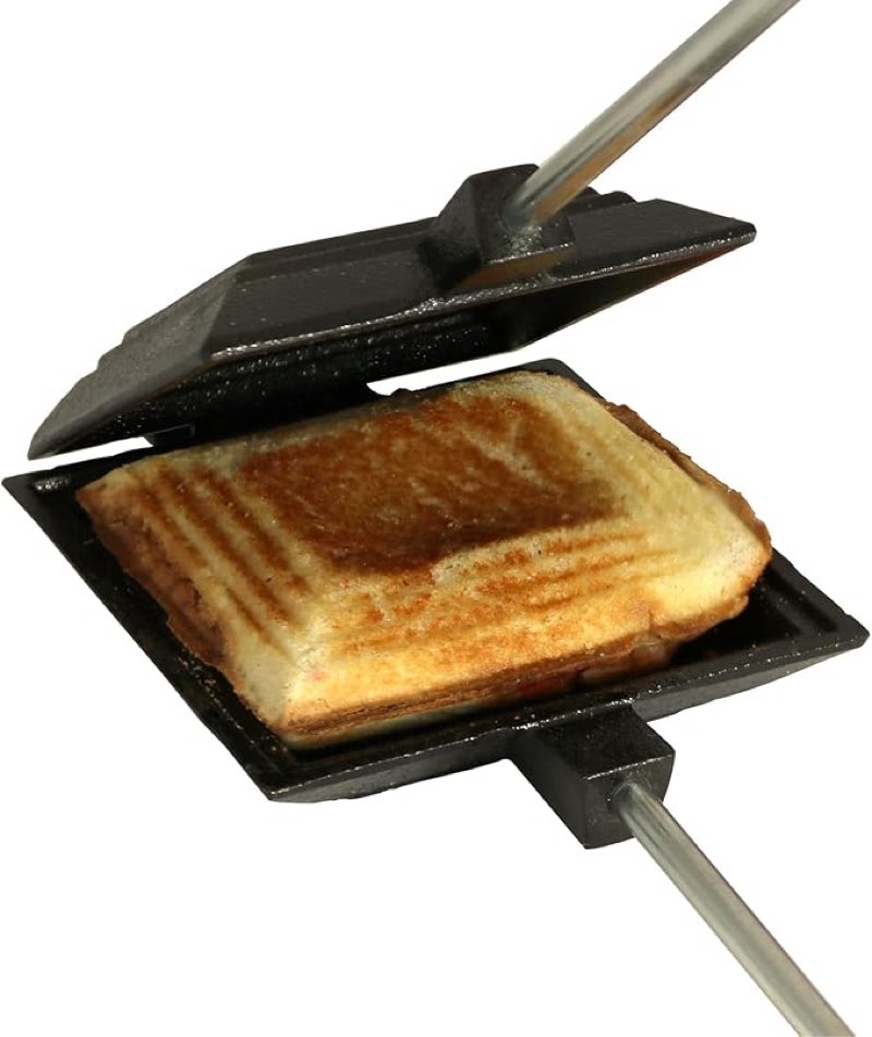 Coghlan's Cast Iron Camp Cooker - Pre-Seasoned Pie Iron Sandwich Maker with Heat-Resistant, Removable Handles, Easy-to-Clean for Toasted Pies, Grilled Sandwiches, and Meats, For Campfire Cooking