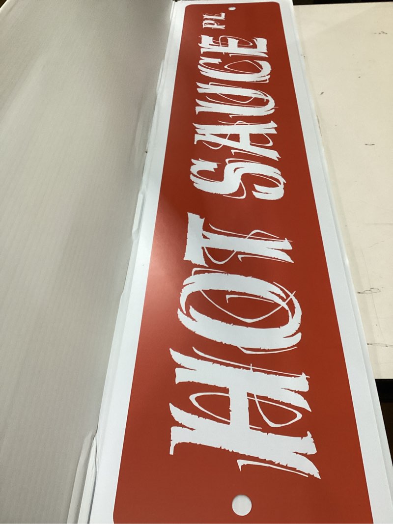 Condition photo showing New/Like New for HOT SAUCE Street Sign collector wings peppers spice spicy | Indoor/Outdoor |  18" Wide Plastic Sign