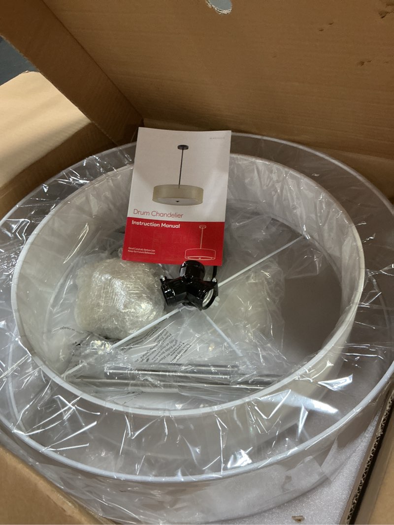 Condition photo showing Good Condition for VONLUCE Drum Chandelier, 20.1" 3-Light Modern Chandelier with 2-Tier Fabric Lampshade, Modern Ceiling Light Fixture for Dining Room Bedroom Living Room with E26 Sockets, Nickel Finish, ETL Certified Brushed Nickel 20inch