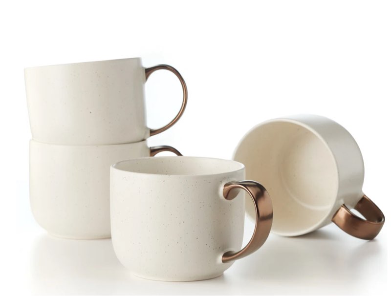 Luna Collection by Maison Neuve Stoneware Mug Set of 4-19 oz Round Ceramic Mug Set for Latte, Hot Tea & More - Microwave & Dishwasher Safe - Modern Coffee Mug Gift - Cream/Bronze