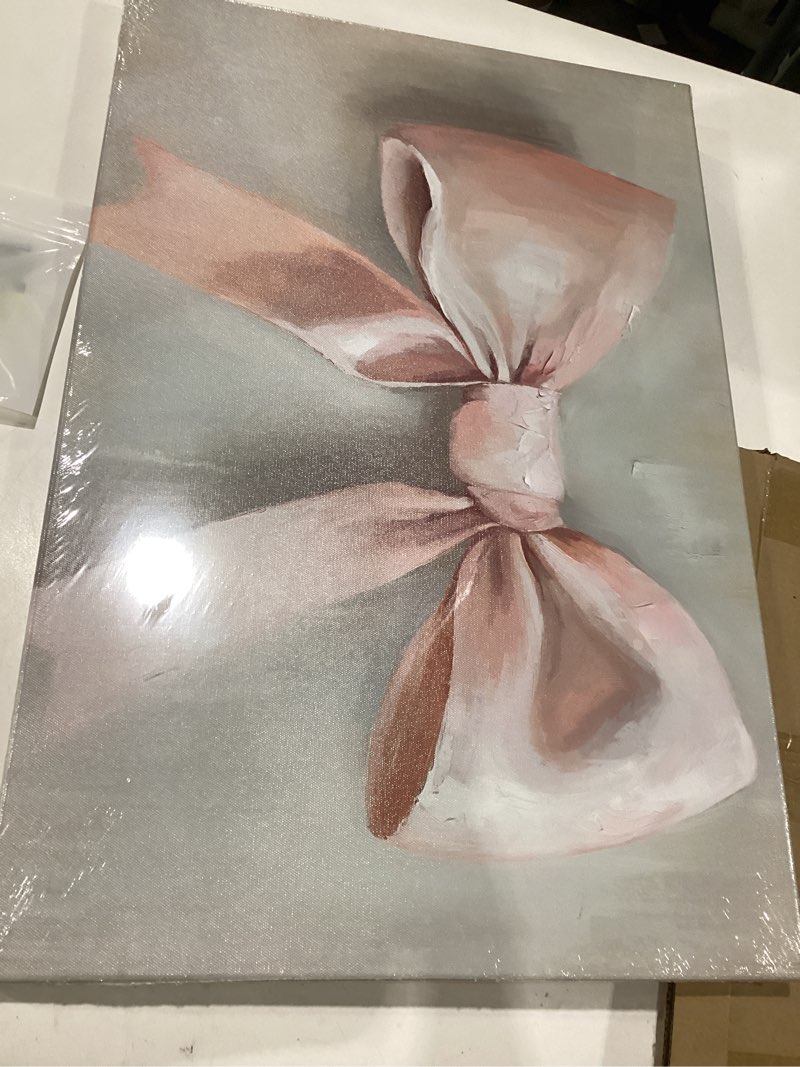 Condition photo showing New/Like New for iknow foto preppy pink bow wall art bowknot aesthetic girly canvas print for nursery, dorm, girl's room, bedroom decor, cute wall art, feminine decor framed ready to hang 16x24 inches