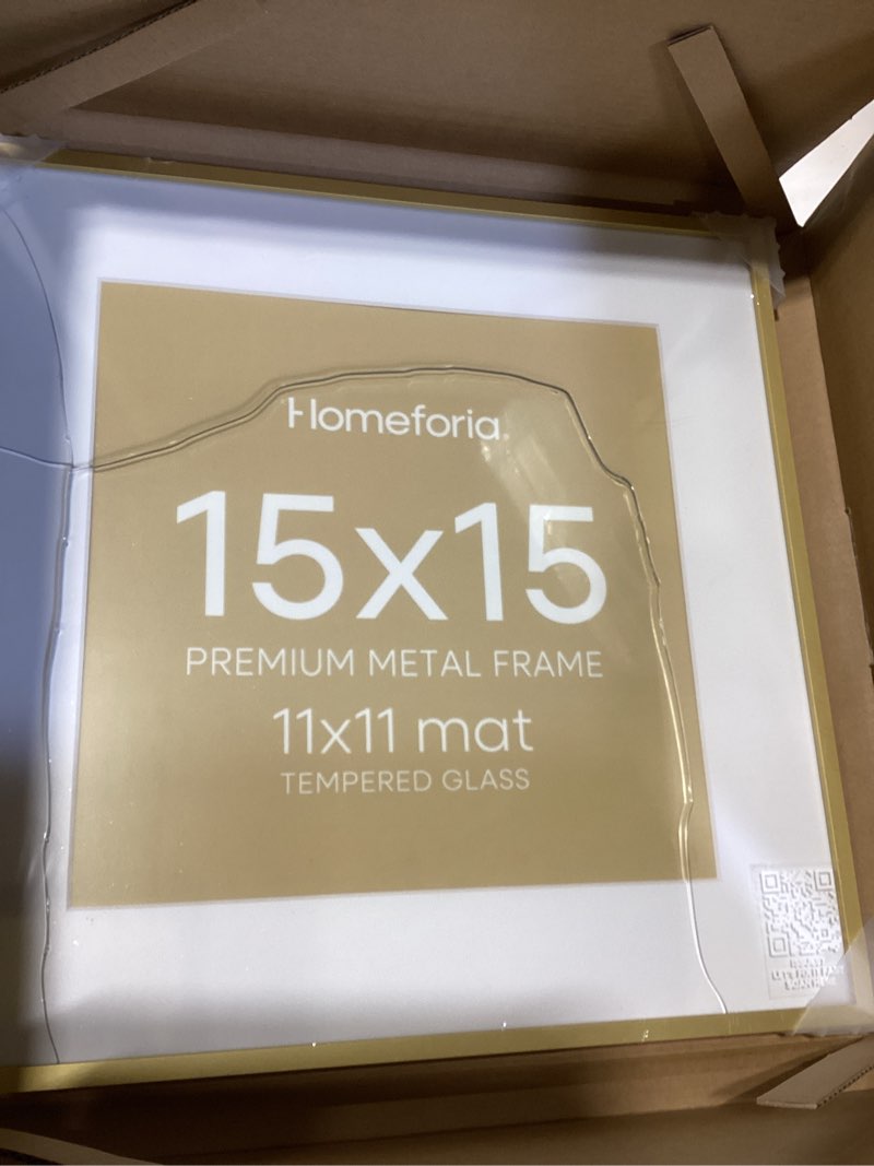 Condition photo showing As Is for homeforia 15x15 picture frame gold, high end metal 15 x 15 square poster frame with mat 11 x 11 photo, 15x15 frame matted to 11x11 print, 15by15 gold hanging frames, tempered glass, wall kit, set of 1 pack of 1 champagne gold 15x15