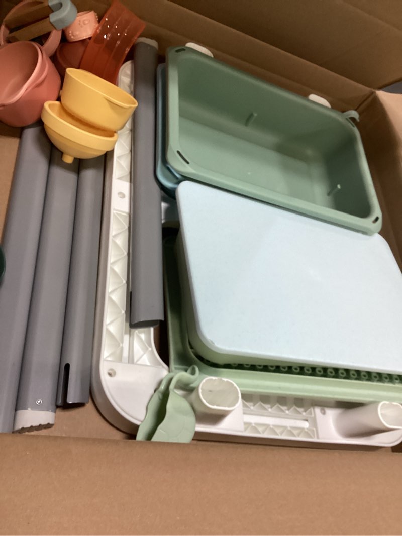 Condition photo showing As Is for skip hop discoverosity 3-in-1 toddler sensory table with 13 nature-inspired sensory tools 8-page activity guide 2 bins and 2 convertible lids, age 18m+