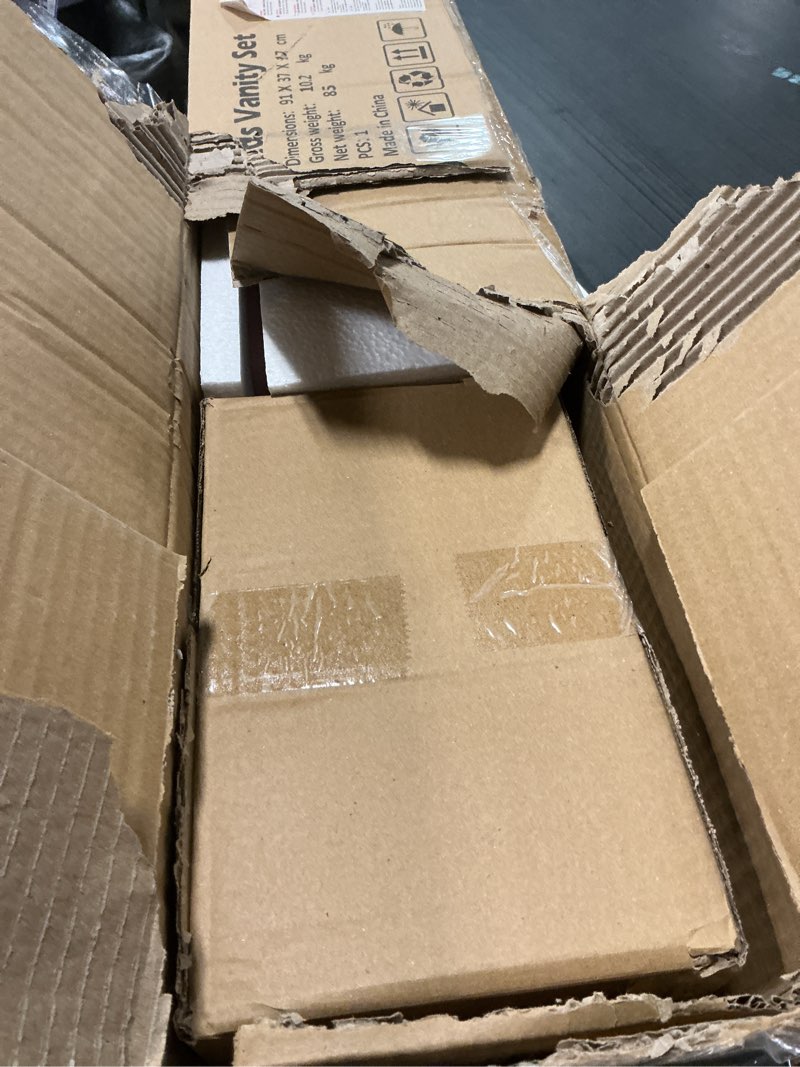 Condition photo showing Good Condition for Kids Wooden Play Vanity Set with Vanity Table and 6 pcs Makeup Accessories, Tri-Fold Mirror, Storage Drawer and Matching Stool, Beauty Makeup Vanity Table and Chair Set for Toddlers (Pink)