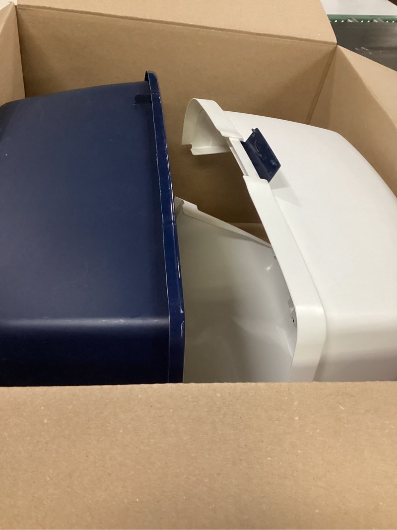 Condition photo showing As Is for iris usa cat litter box large with front door flap, covered enclosed litter box enclosure with scoop, handle & buckles for portability & privacy, hidden litter pan, navy jumbo enclosed navy