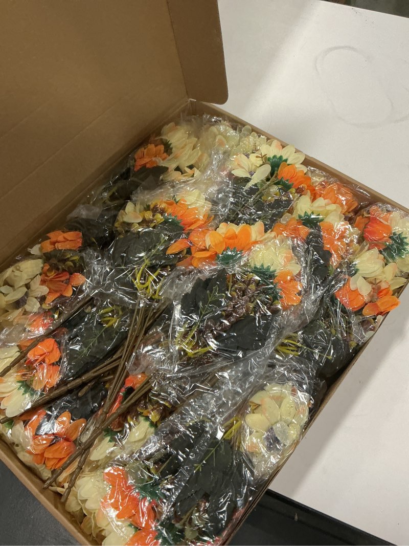 Condition photo showing New/Like New for Artificial Daisy Flowers 24 Bundles Fall Flowers with 10 Sunflowers Head Autumn Outdoor Fake Flowers for Window Box Garden Porch Centerpieces Wedding Orange Orange 24