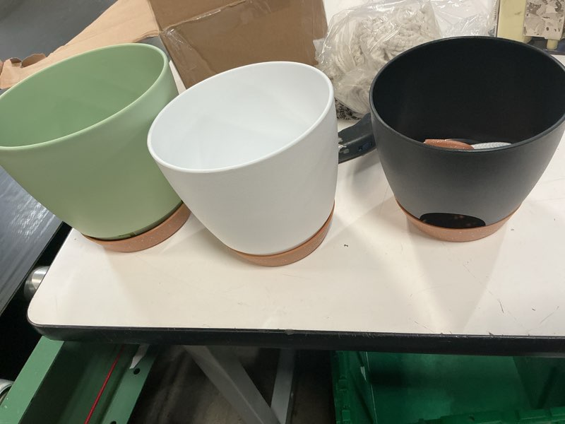Condition photo showing As Is for west bay 12\" 10\" 9\" large self watering plant pots, 3 pack flower pots planters with multi mesh drainage holes for indoor outdoor garden plants and flowers (different color )