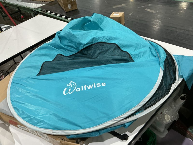 Condition photo showing As Is for wolfwise pop up beach tent sun shelter with upf50+ uv protection, instant easy setup popup beach shade canopy for 3 person, portable & foldable with carring bag, 87 ×57×47 in, blue blue 3 person