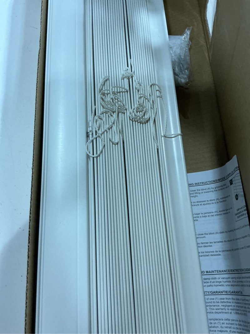 Condition photo showing Good Condition for allen + roth trim at home 2-in slat width 34-in x 64-in cordless white faux wood room darkening horizontal blinds
