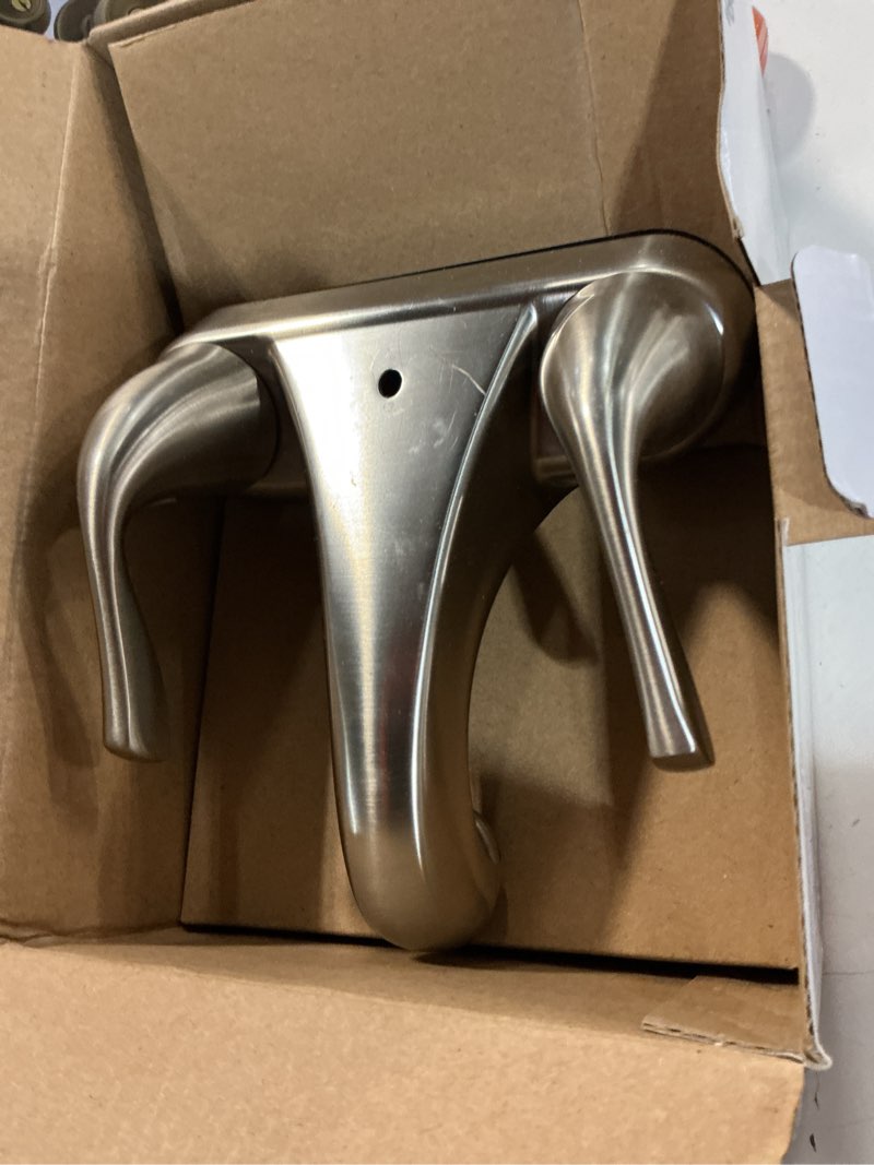 Condition photo showing Good Condition for project source satin nickel 4-in centerset 2-handle watersense low-arc residential handle bathroom sink faucet with drain with deck plate