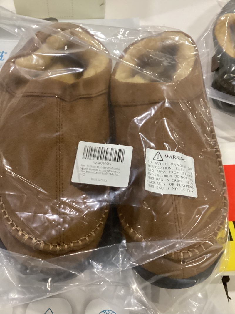 Condition photo showing Good Condition for Men’s Slip-On Moccasin Slippers, Warm Winter Microsuede House Shoes with Memory Foam, Indoor and Outdoor Loafer Style 11-12 Tan