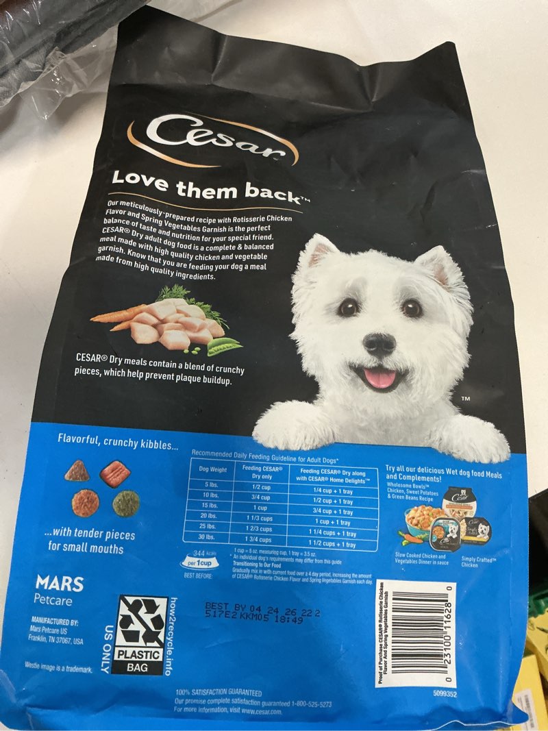 Condition photo showing New/Like New for (Best by 04/24/2026)Cesar Rotisserie Chicken, Carrot, Pea and Vegetable Flavor Small Breed Dry Dog Food - 5lbs