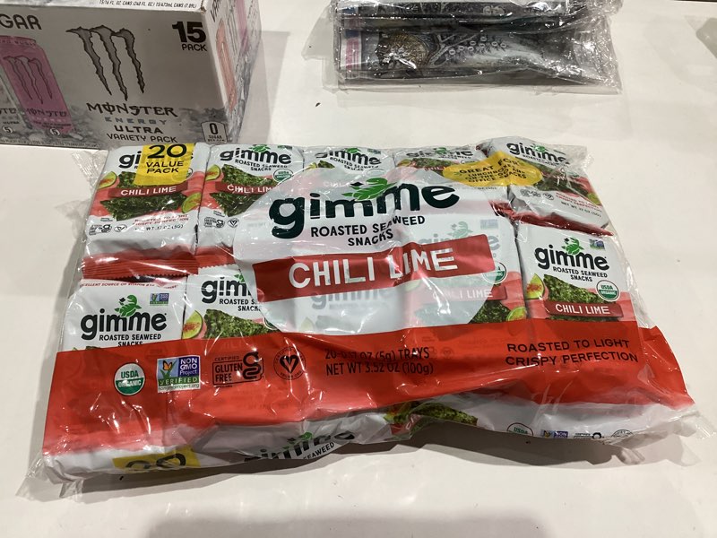 Condition photo showing New/Like New for Gimme Seaweed Organic Premium Roasted Seaweed Snacks, Chili Lime, 20 Count, Keto, Vegan, Gluten-Free, Great Source of Omega3s and Iodine, Healthy On-The-Go Snack for Kids and Adults #3 Chili Lime