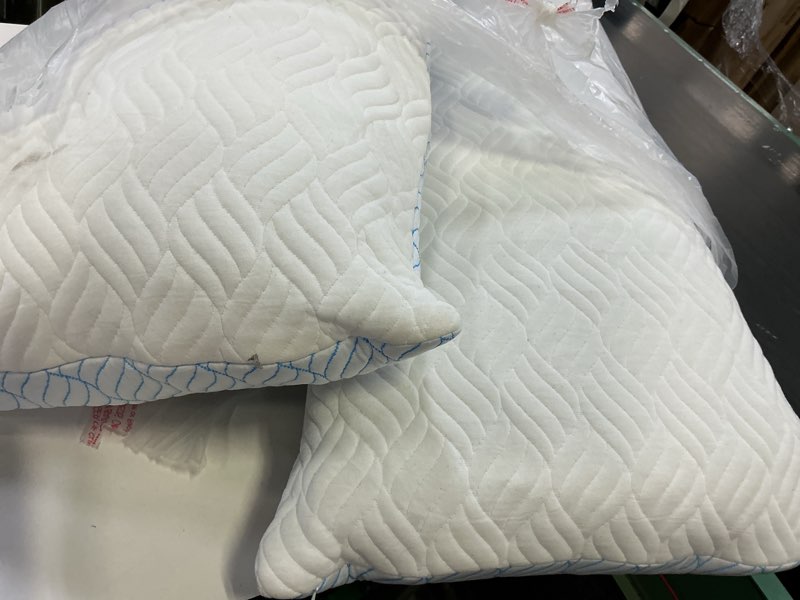 Condition photo showing As Is for Cooling King Size Pillows, Pillow King Size Set of 2 Shredded Memory Foam, Cool Cold for Sleeping with Zipper, Adjustable Firmness to Hot, Side, Back and Stomach Sleepers, 2 Pack, 20x36 Cooling Blue Cover King (Pack of 2)