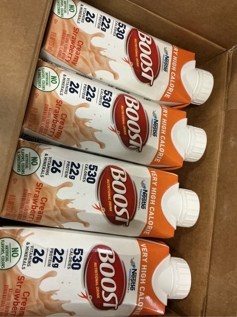 Condition photo showing New/Like New for boost very high calorie strawberry nutritional drink – 22g protein, 530 nutrient rich calories, 8 fl oz (pack of 24)