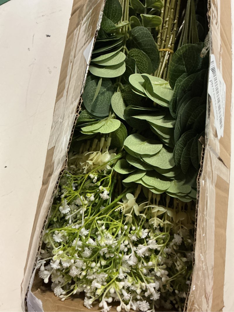 Condition photo showing Good Condition for lovemoon mixed greenery artificial eucalyptus stems, baby breath artificial flowers bulk and eucalyptus leaves for wedding bouquets home office floral decor (100, green and white) green and white 100